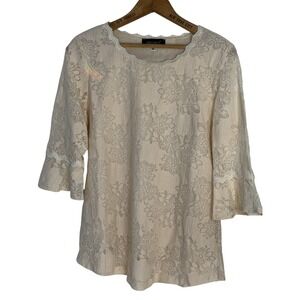 Presence Lace Blouse ecru Sz Small 40 Ruffle 3/4 Sleeve Top Career Dressy